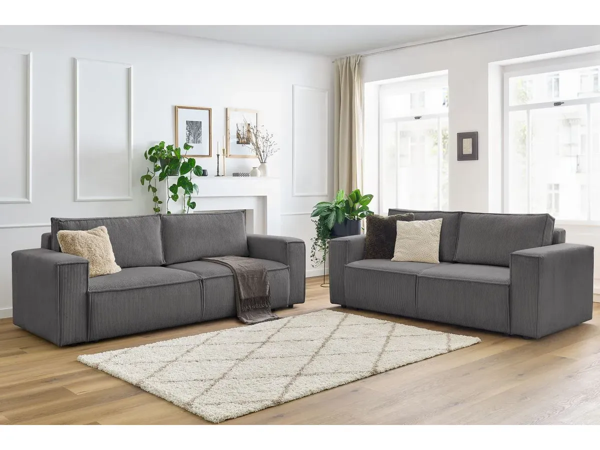 Ensemble canapé droit fixe 3 + 2 places NIHAD velours côtelé gris foncé   BOBOCHIC