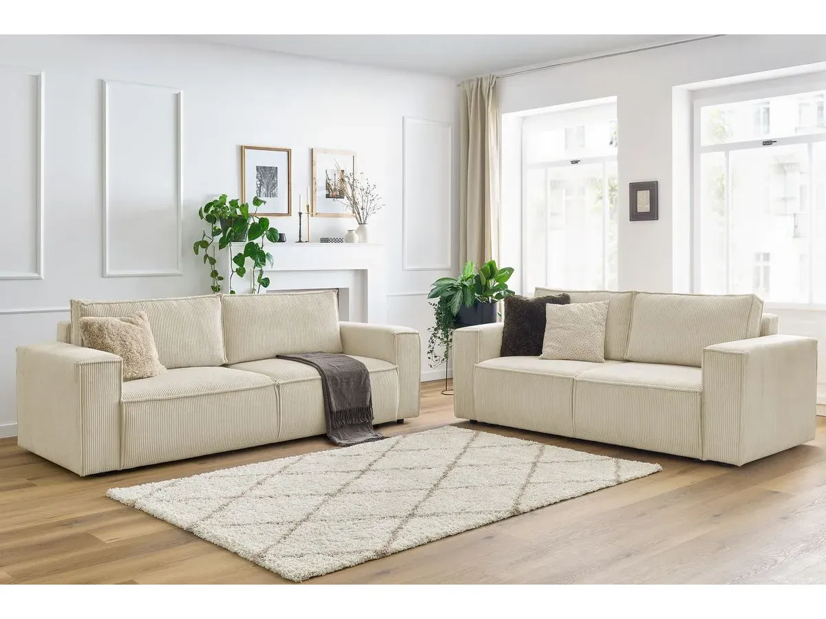 Ensemble canapé droit fixe 3 + 2 places NIHAD velours côtelé beige   BOBOCHIC