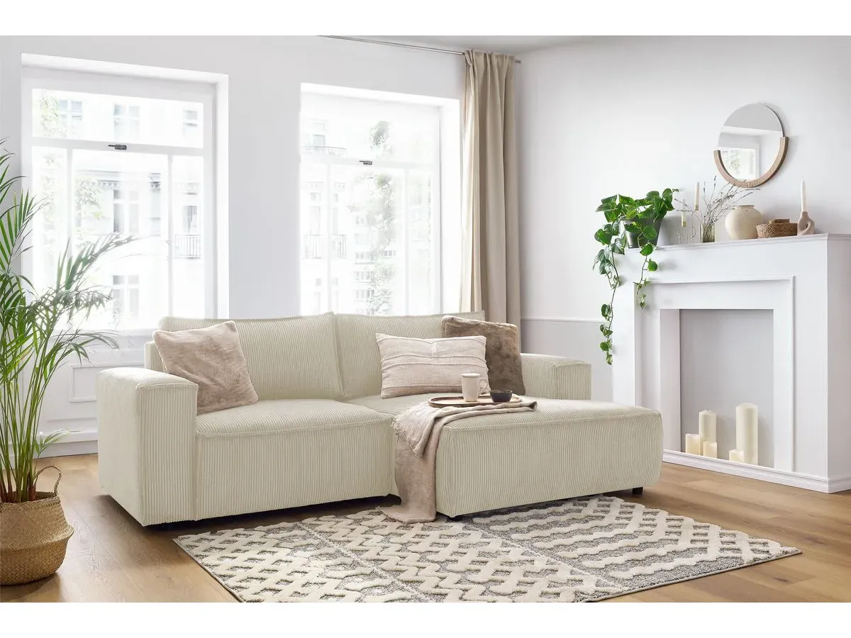 Canapé d'angle fixe compact NIHAD velours côtelé beige  angle droit BOBOCHIC 3 places