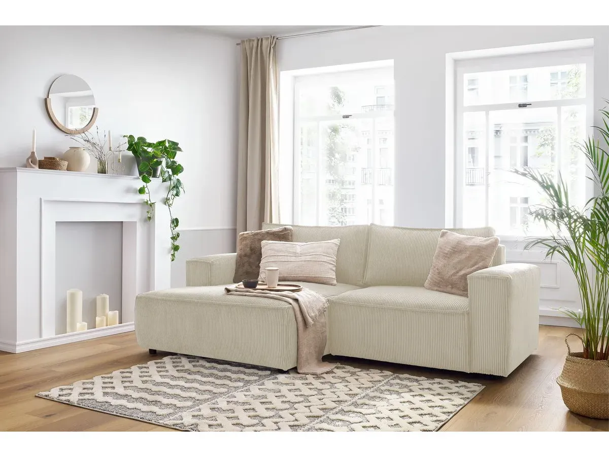 Canapé d'angle fixe compact NIHAD velours côtelé beige  angle gauche BOBOCHIC 3 places