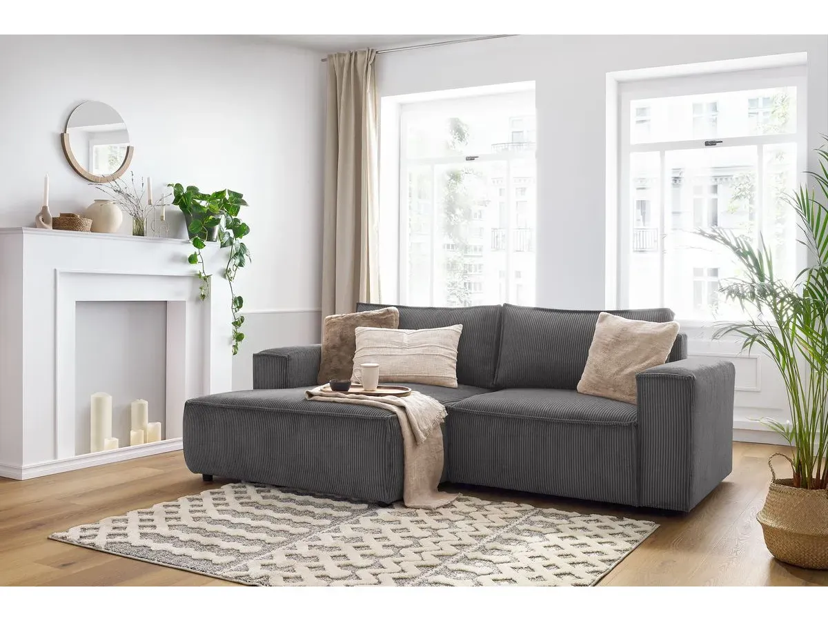 Canapé d'angle fixe compact NIHAD velours côtelé gris foncé  angle gauche BOBOCHIC 3 places