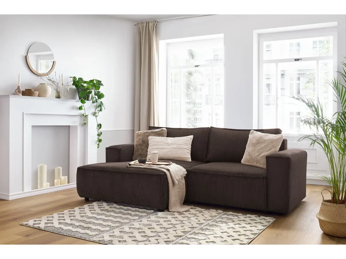 Canapé d'angle fixe compact NIHAD velours côtelé marron  angle gauche BOBOCHIC 3 places