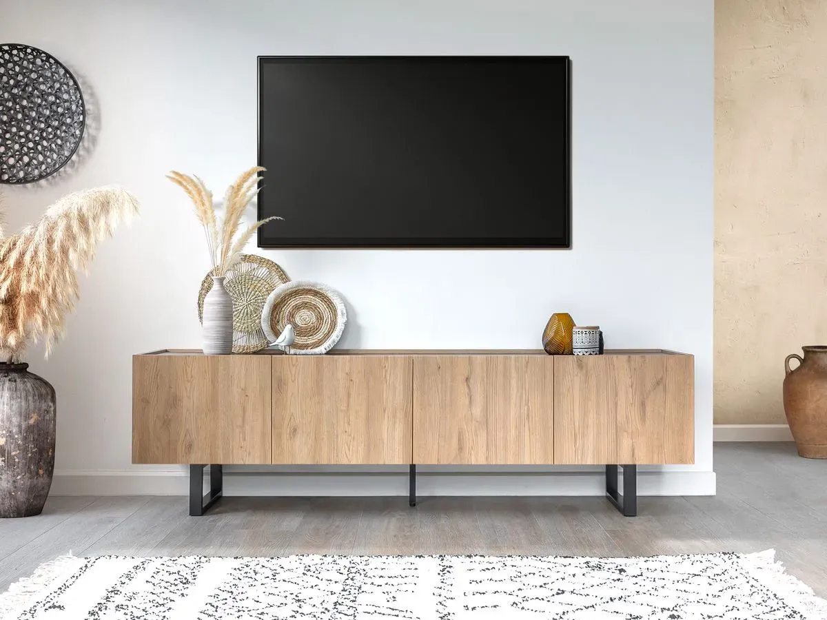Meuble TV 180 cm OPERA effet chêne et effet marbre noir    BOBOCHIC