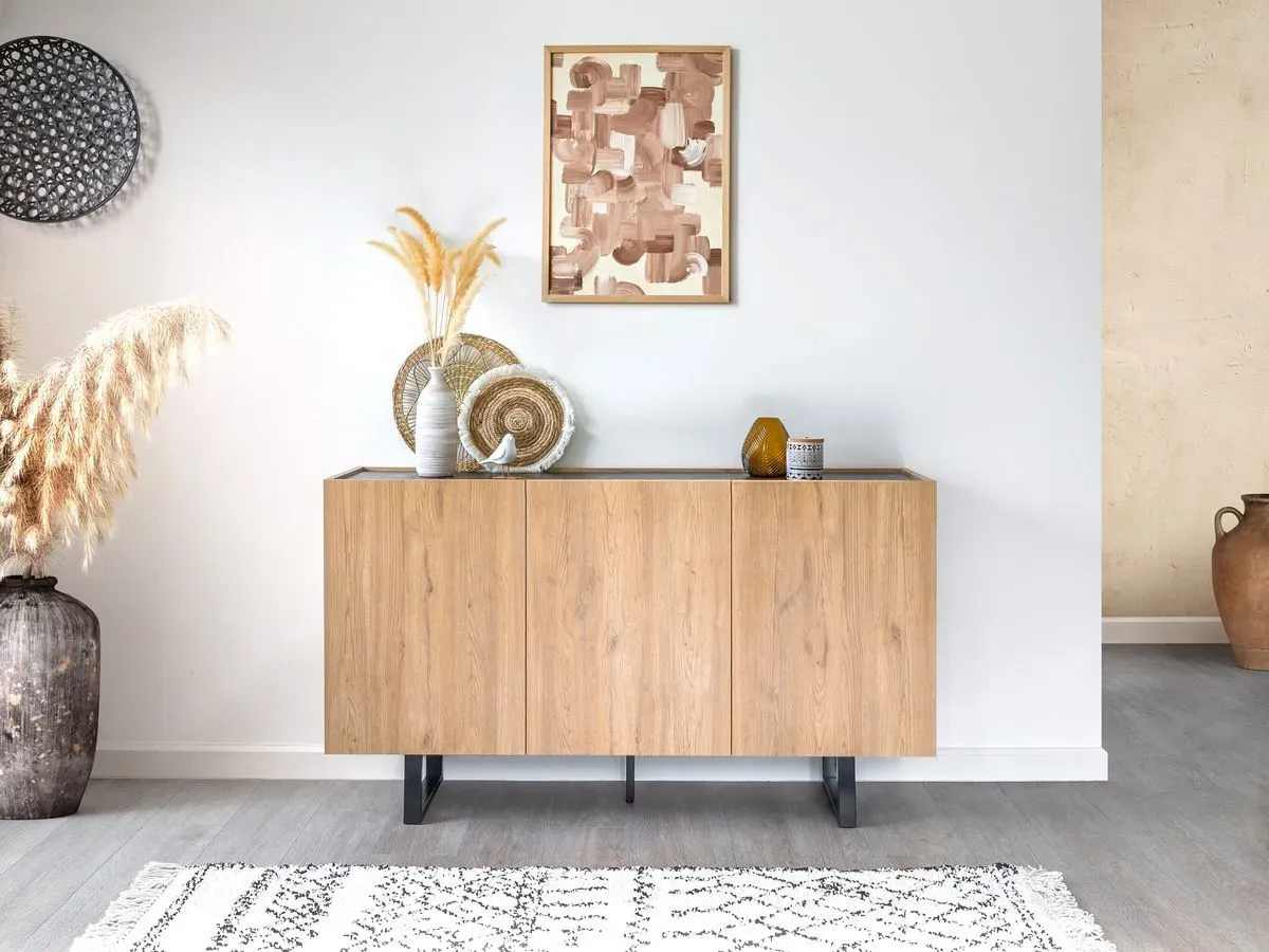 Buffet 3 portes 140 cm OPERA effet chêne et imitation marbre noir    BOBOCHIC