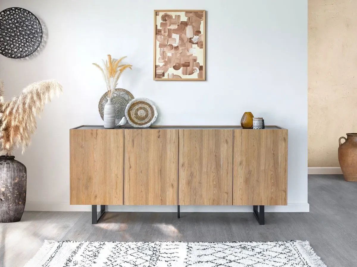 Buffet 4 portes 180 cm OPERA effet chêne et imitation marbre noir    BOBOCHIC