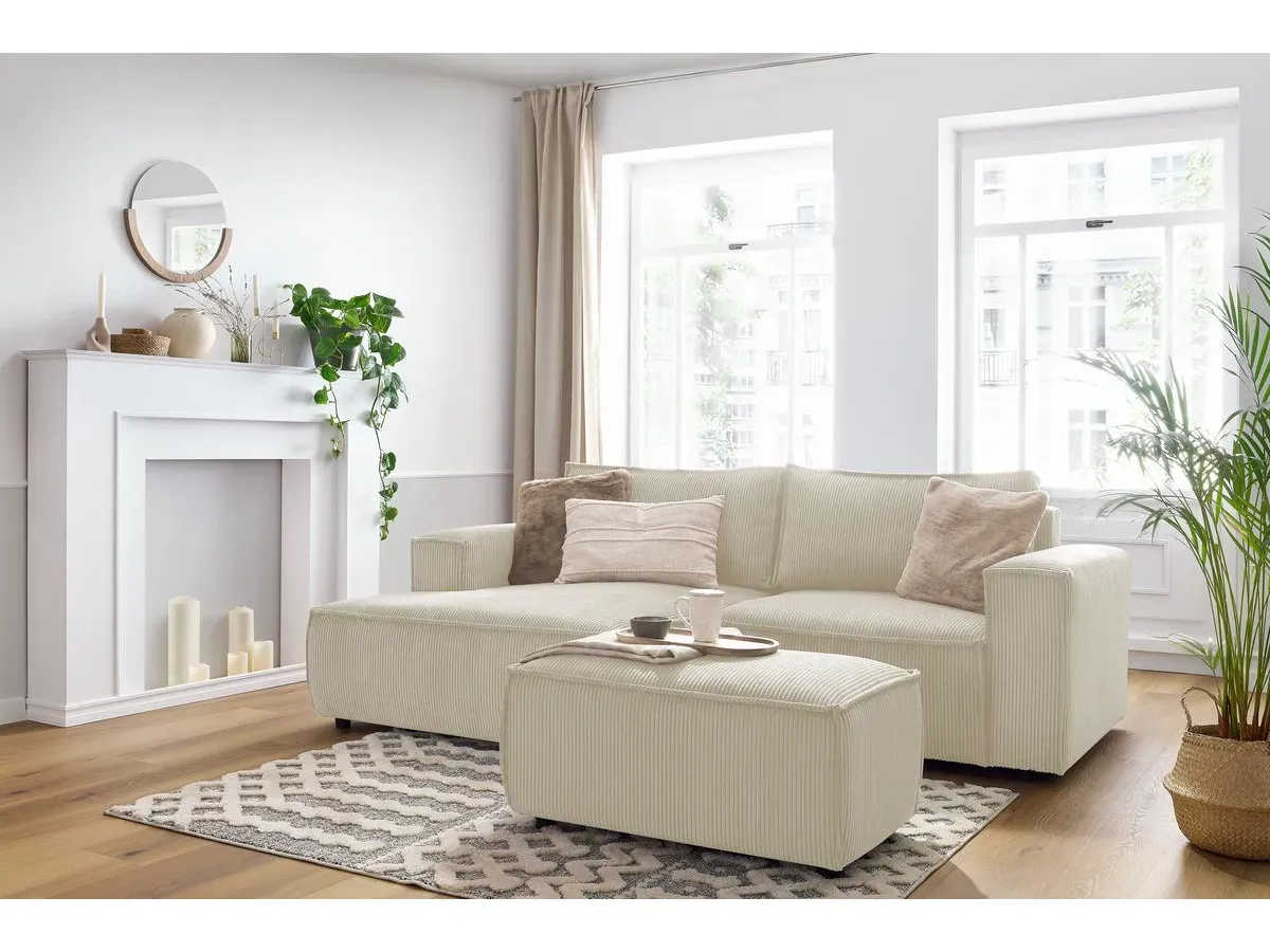 Canapé d'angle fixe compact NIHAD velours côtelé avec pouf beige  angle gauche BOBOCHIC 3 places