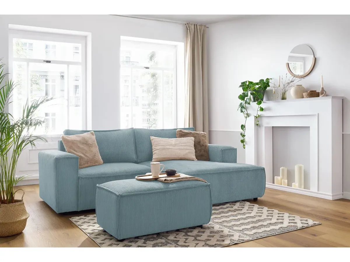Canapé d'angle fixe compact NIHAD velours côtelé avec pouf bleu clair  angle droit BOBOCHIC 3 places