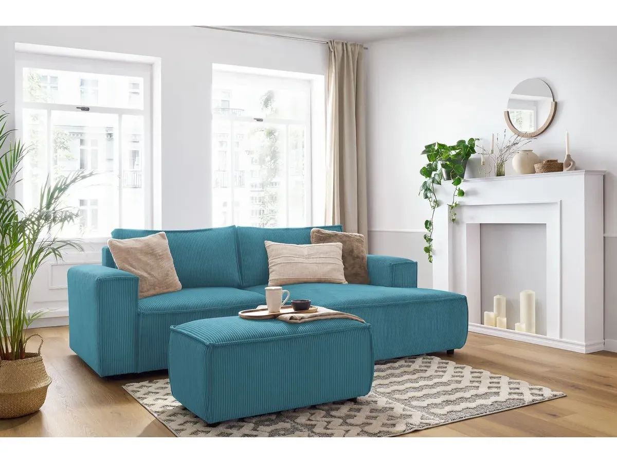 Canapé d'angle fixe compact NIHAD velours côtelé avec pouf bleu foncé  angle droit BOBOCHIC 3 places