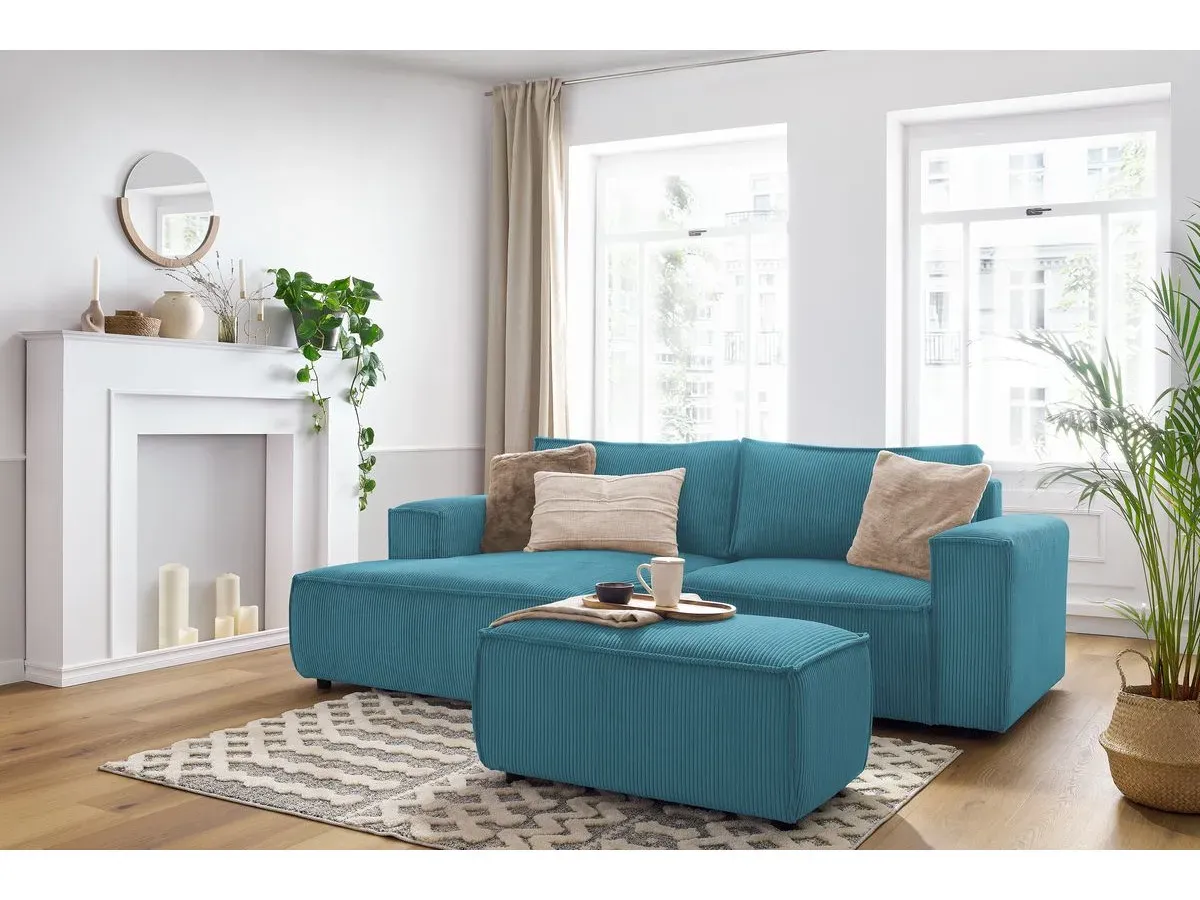 Canapé d'angle fixe compact NIHAD velours côtelé avec pouf bleu foncé  angle gauche BOBOCHIC 3 places