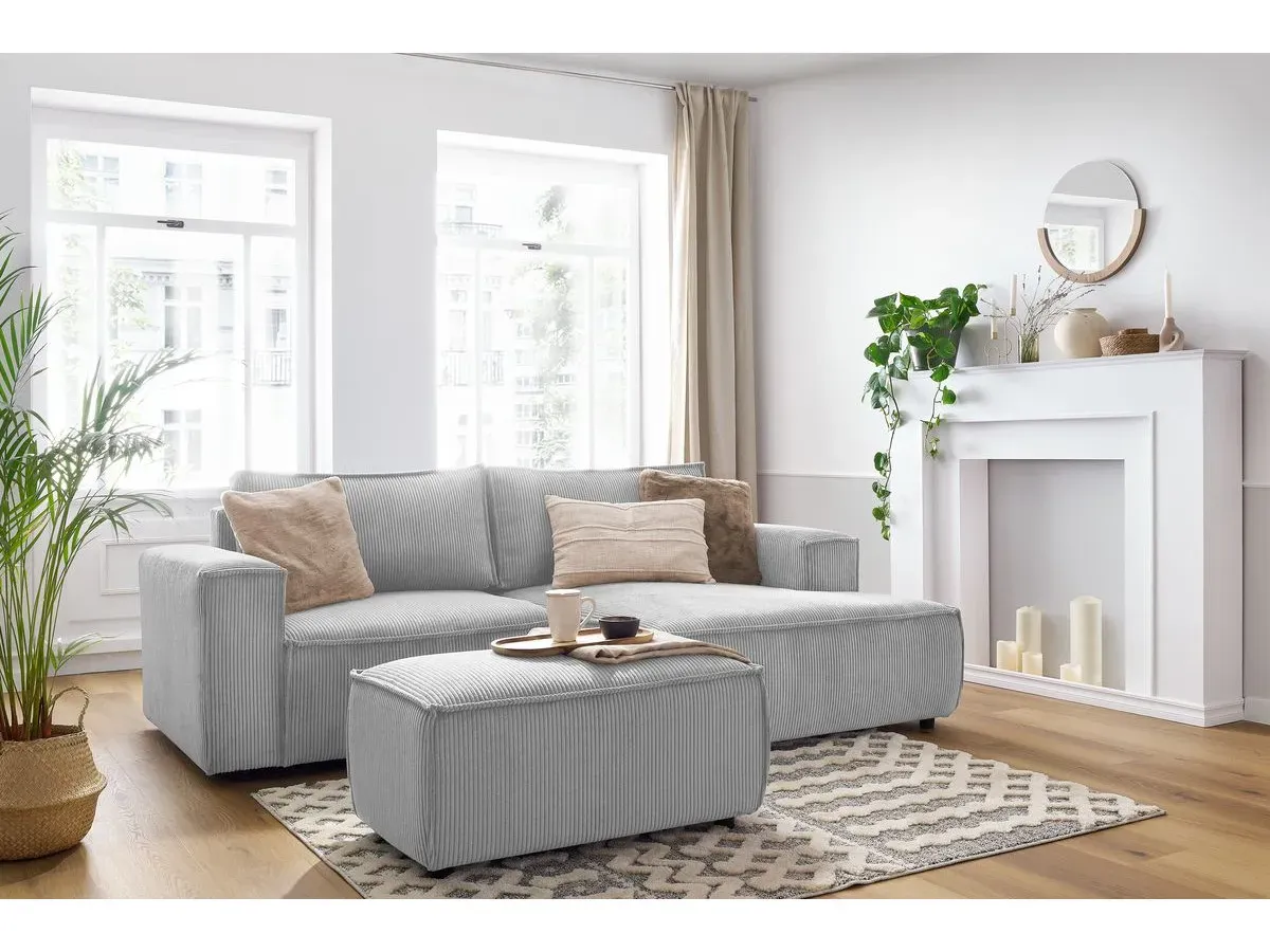 Canapé d'angle fixe compact NIHAD velours côtelé avec pouf gris clair  angle droit BOBOCHIC 3 places