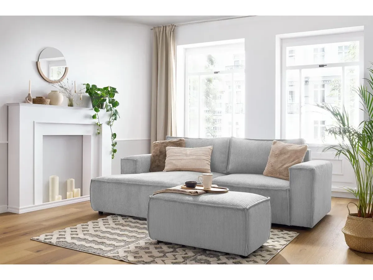 Canapé d'angle fixe compact NIHAD velours côtelé avec pouf gris clair  angle gauche BOBOCHIC 3 places