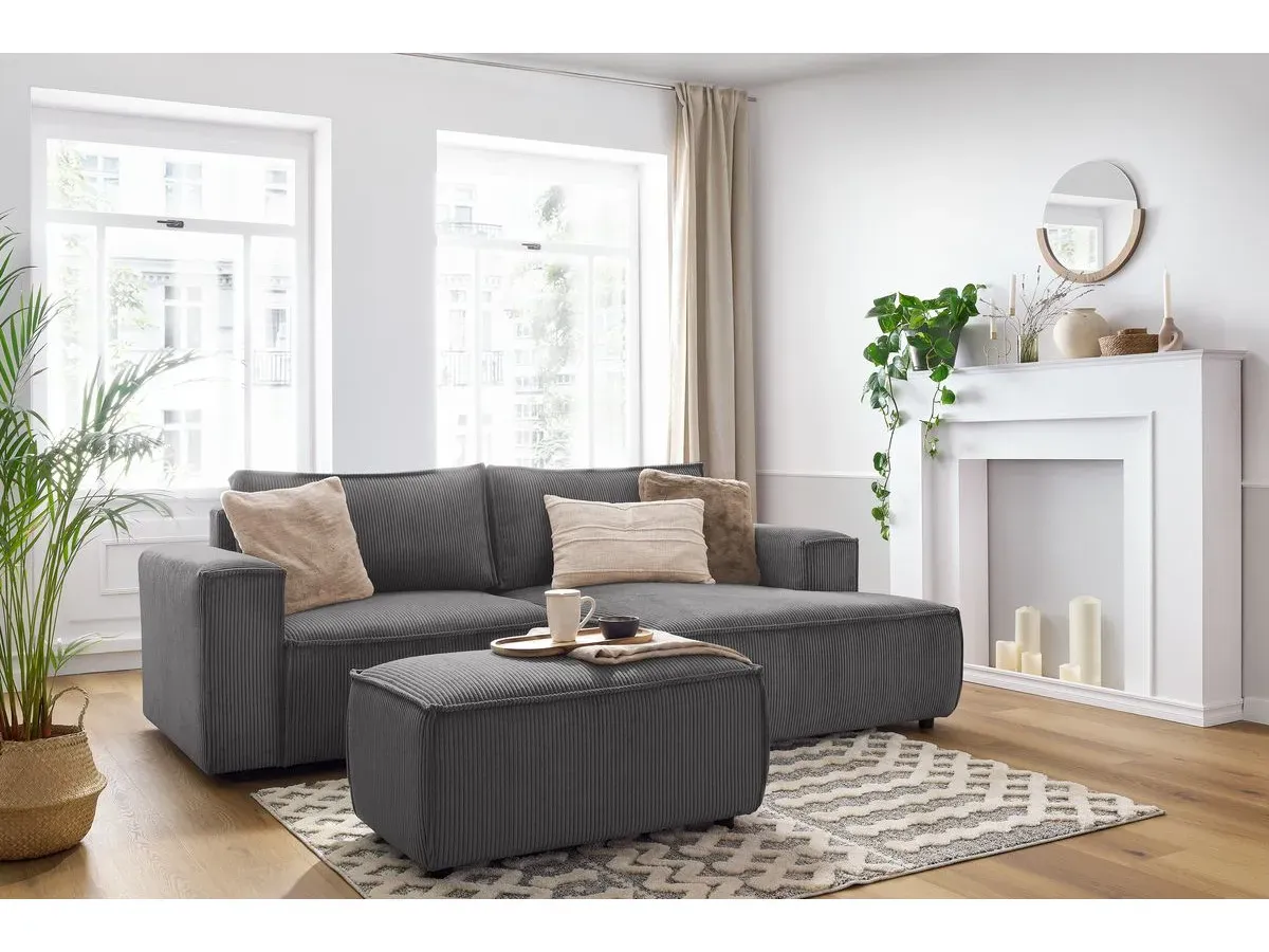 Canapé d'angle fixe compact NIHAD velours côtelé avec pouf gris foncé  angle droit BOBOCHIC 3 places