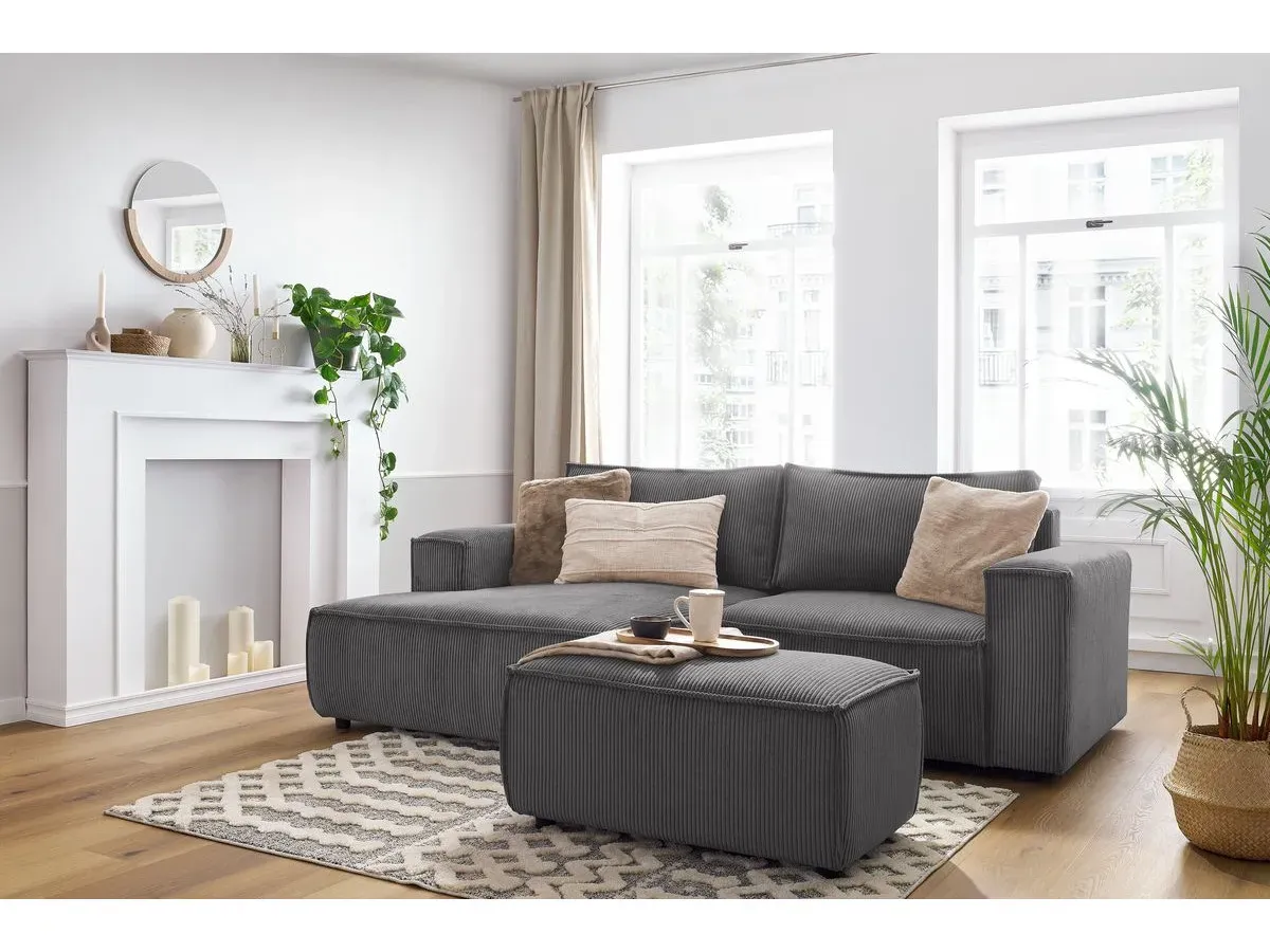 Canapé d'angle fixe compact NIHAD velours côtelé avec pouf gris foncé  angle gauche BOBOCHIC 3 places