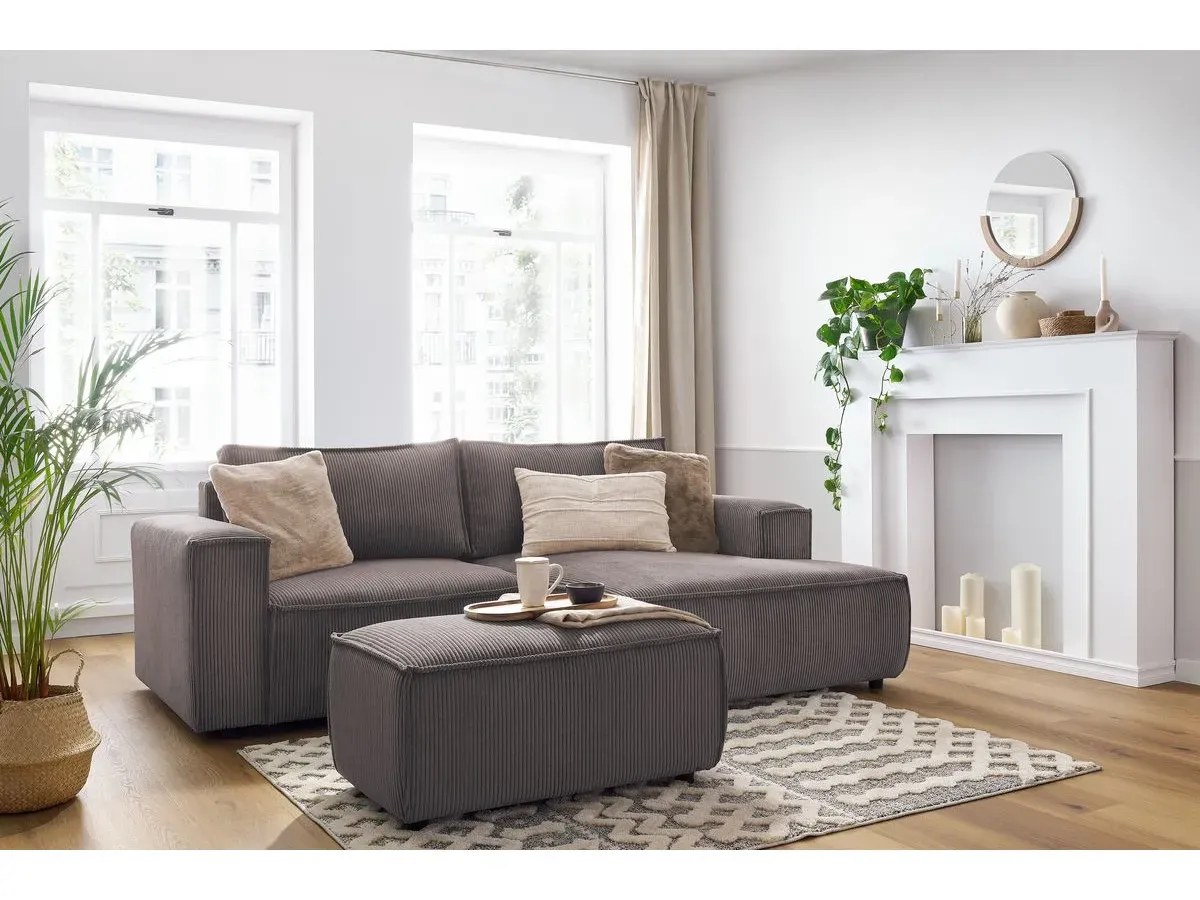 Canapé d'angle fixe compact NIHAD velours côtelé avec pouf taupe  angle droit BOBOCHIC 3 places
