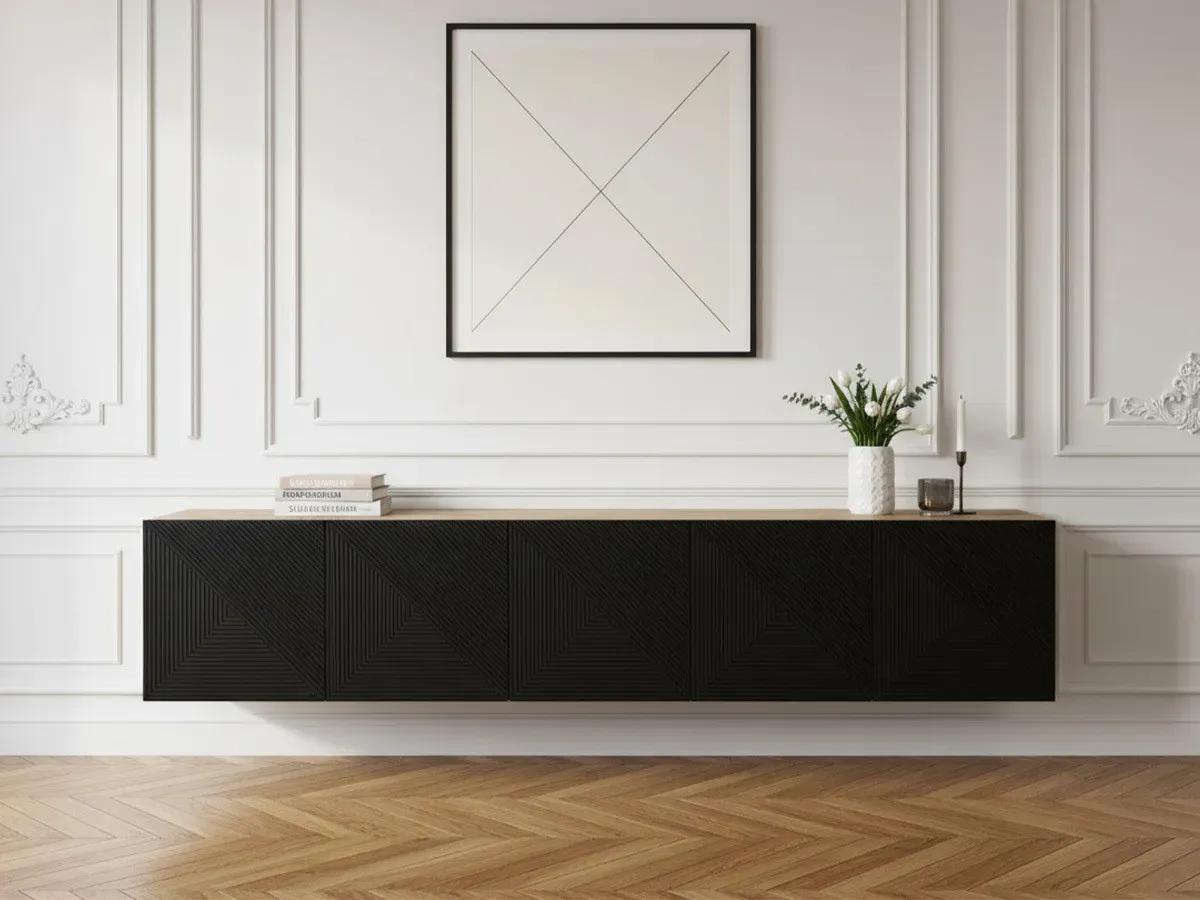 Meuble TV suspendu 200 cm ALICE chêne et noir   BOBOCHIC