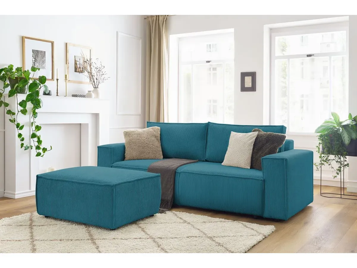 Canapé droit convertible coffre NIHAD velours côtelé avec pouf bleu clair   BOBOCHIC 4 places