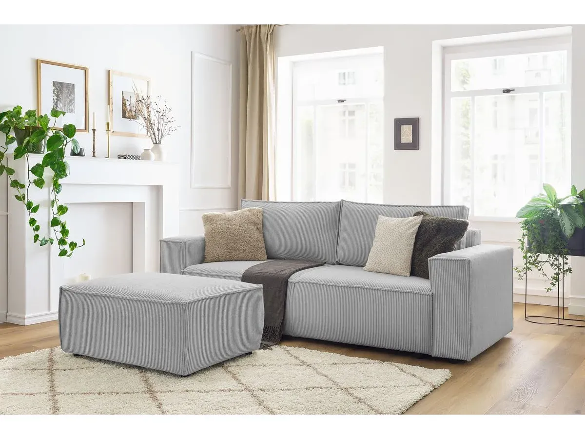 Canapé droit convertible coffre NIHAD velours côtelé avec pouf gris clair   BOBOCHIC 4 places
