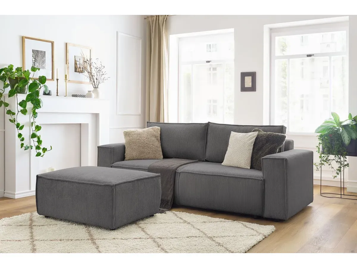 Canapé droit convertible coffre NIHAD velours côtelé avec pouf gris foncé   BOBOCHIC 4 places