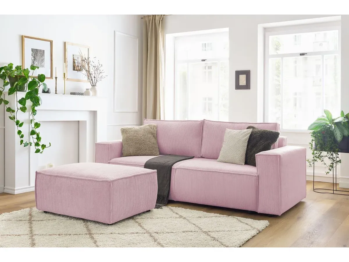 Canapé droit convertible coffre NIHAD velours côtelé avec pouf violet   BOBOCHIC 4 places