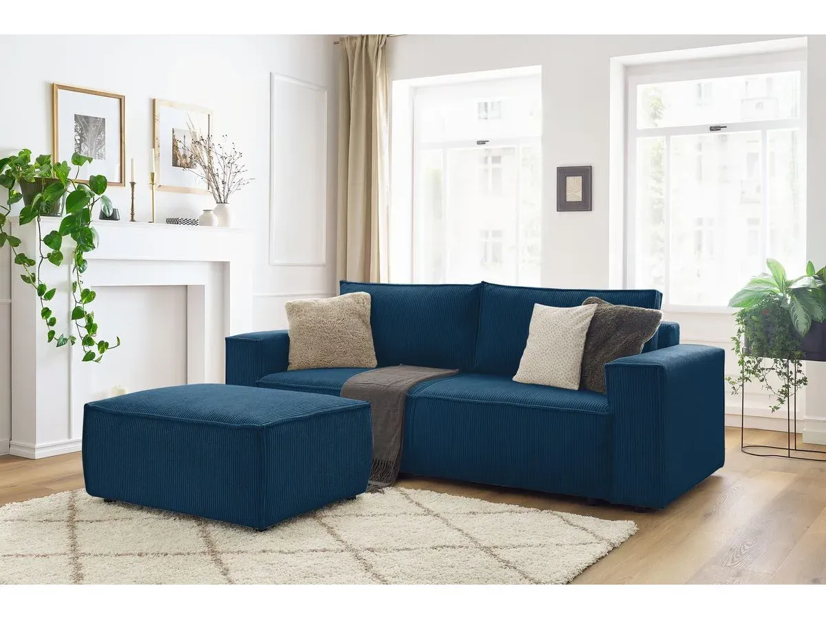 Canapé droit convertible coffre NIHAD velours côtelé avec pouf bleu foncé   BOBOCHIC 4 places