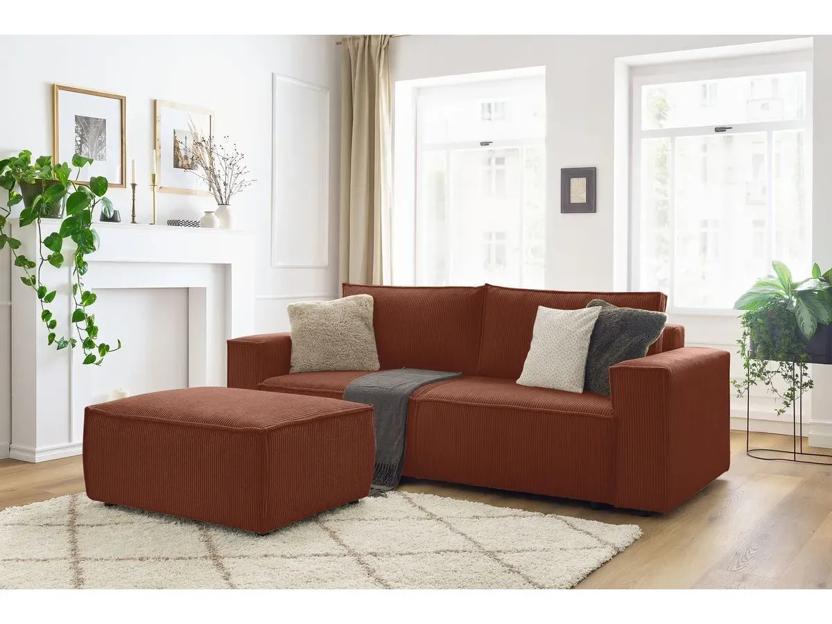 Canapé droit convertible coffre NIHAD velours côtelé avec pouf orange   BOBOCHIC 4 places