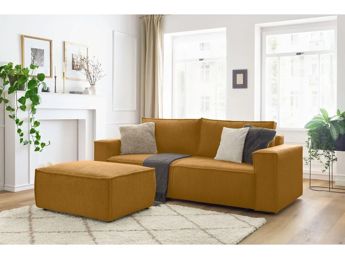 Canapé droit convertible coffre NIHAD velours côtelé avec pouf jaune   BOBOCHIC 4 places