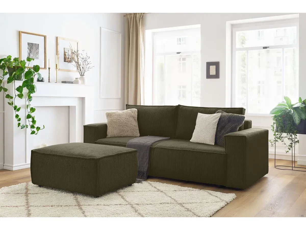 Canapé droit convertible coffre NIHAD velours côtelé avec pouf vert clair   BOBOCHIC 4 places