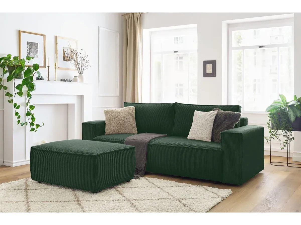 Canapé droit convertible coffre NIHAD velours côtelé avec pouf vert foncé   BOBOCHIC 4 places