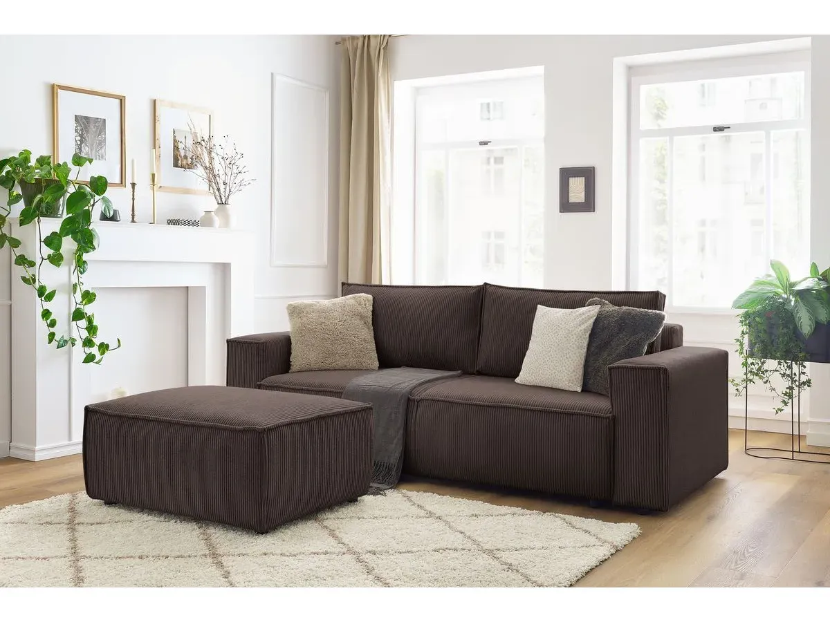 Canapé droit convertible coffre NIHAD velours côtelé avec pouf marron   BOBOCHIC 4 places