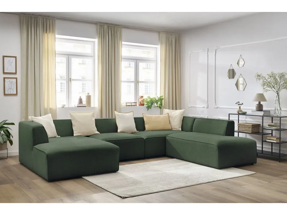 Canapé panoramique fixe MEGEVE tissu chiné vert  angle gauche BOBOCHIC 5 places