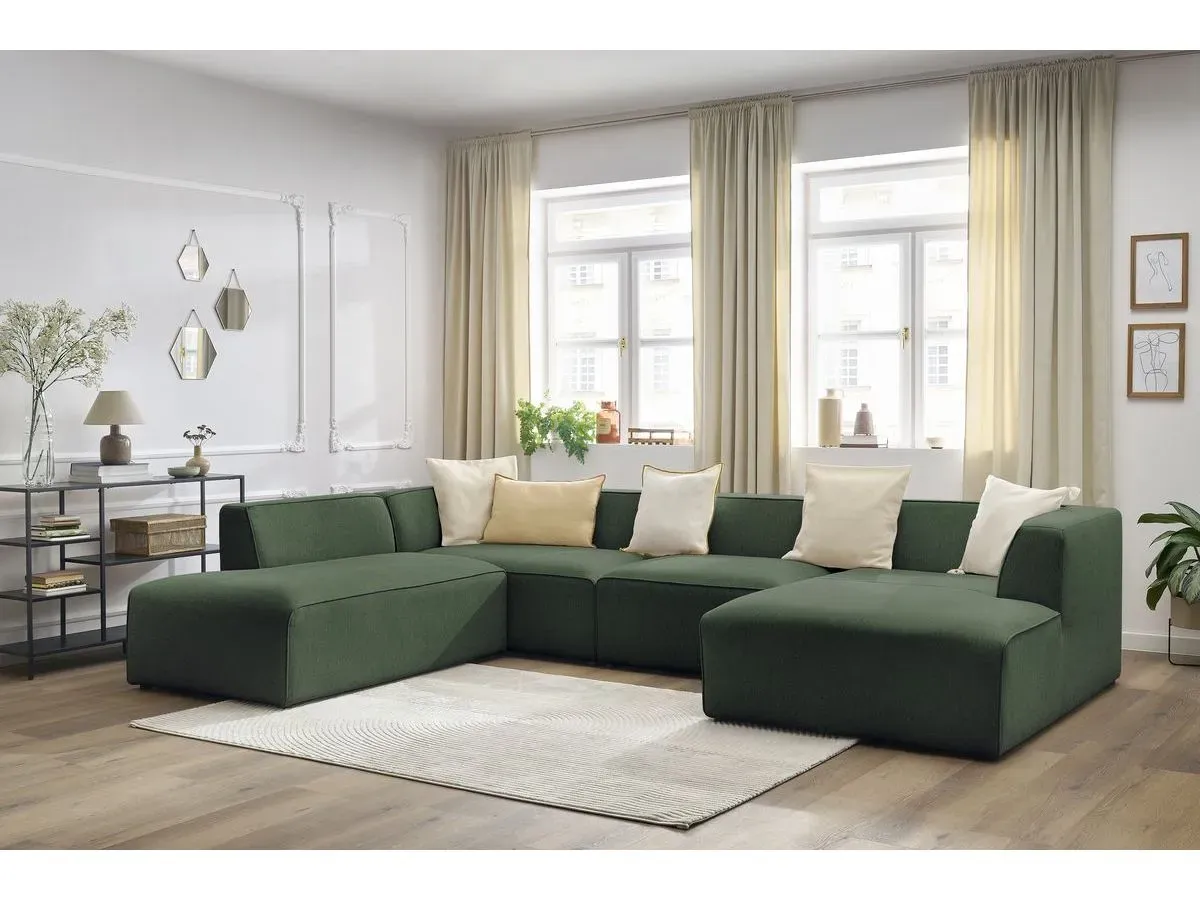 Canapé panoramique fixe MEGEVE tissu chiné vert  angle droit BOBOCHIC 5 places