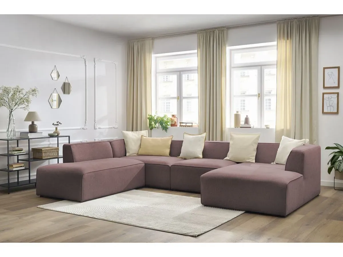 Canapé panoramique fixe MEGEVE tissu chiné rose  angle droit BOBOCHIC 5 places