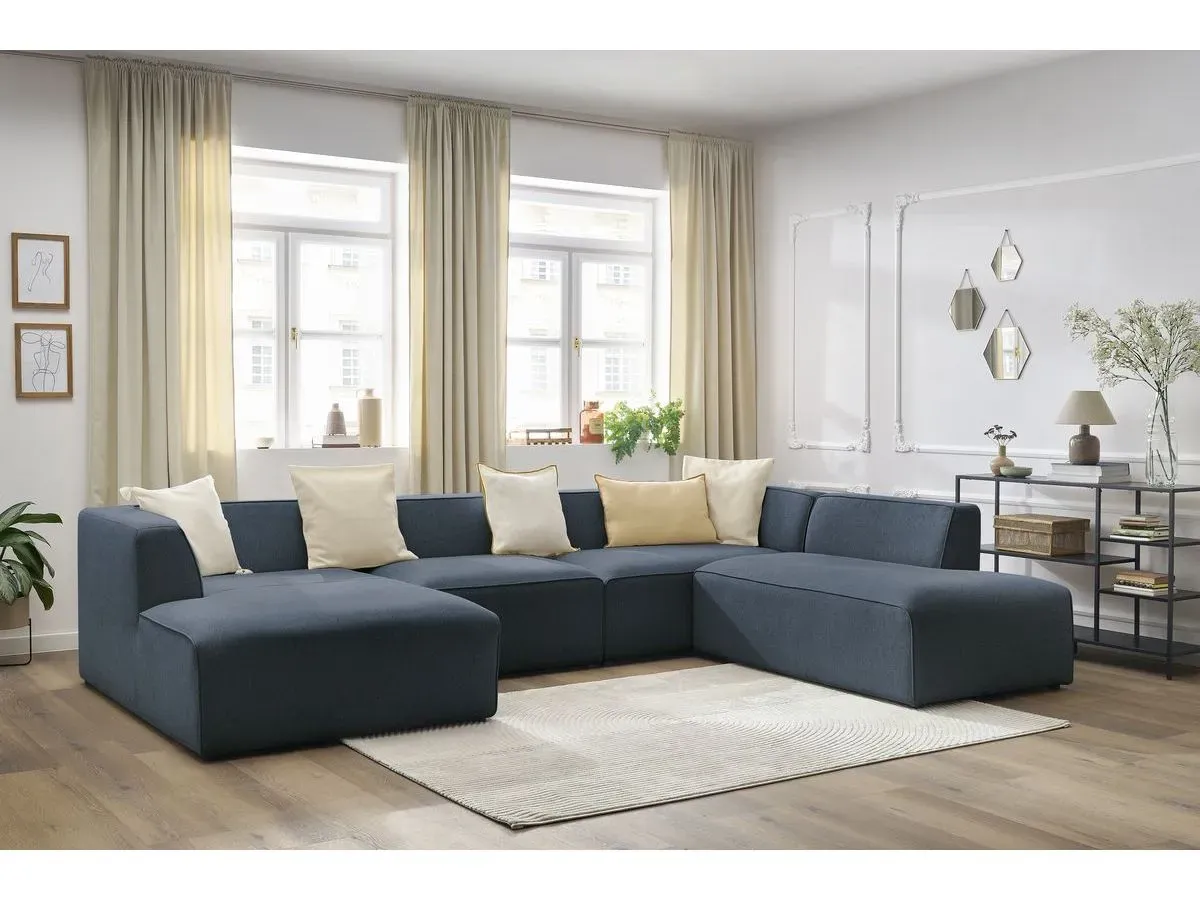 Canapé panoramique fixe MEGEVE tissu chiné bleu foncé  angle gauche BOBOCHIC 5 places