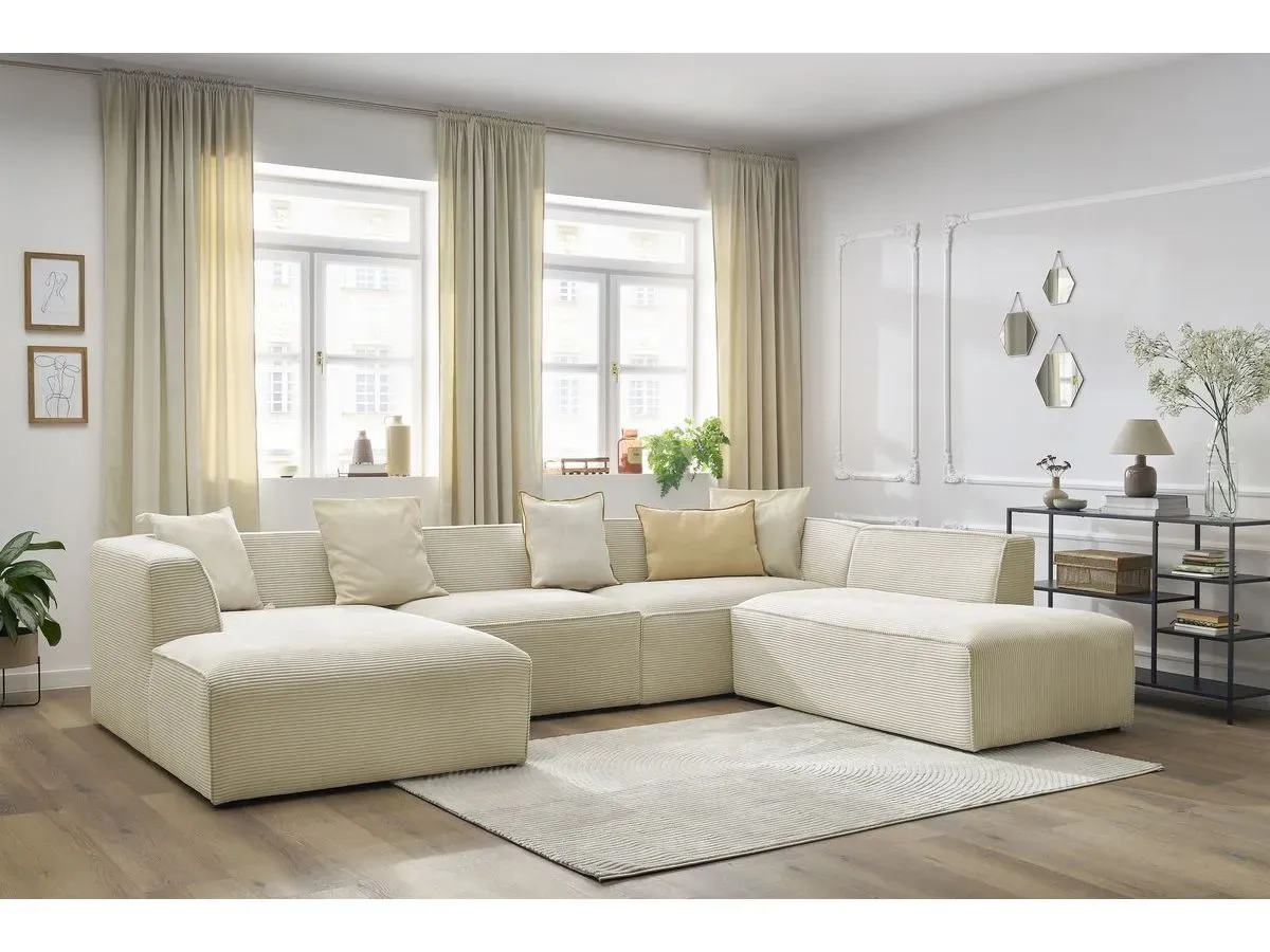 Canapé panoramique fixe MEGEVE tissu velours côtelé beige  angle gauche BOBOCHIC 5 places