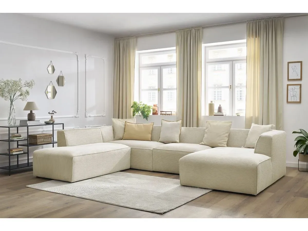 Canapé panoramique fixe MEGEVE tissu velours côtelé beige  angle droit BOBOCHIC 5 places