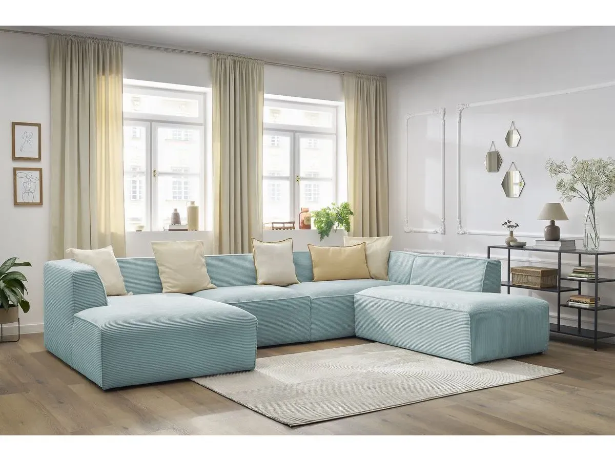 Canapé panoramique fixe MEGEVE tissu velours côtelé bleu clair  angle gauche BOBOCHIC 5 places