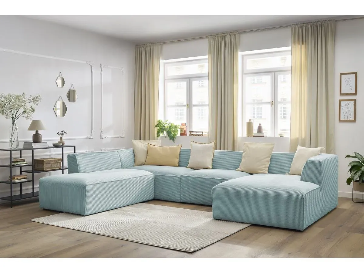 Canapé panoramique fixe MEGEVE tissu velours côtelé bleu clair  angle droit BOBOCHIC 5 places
