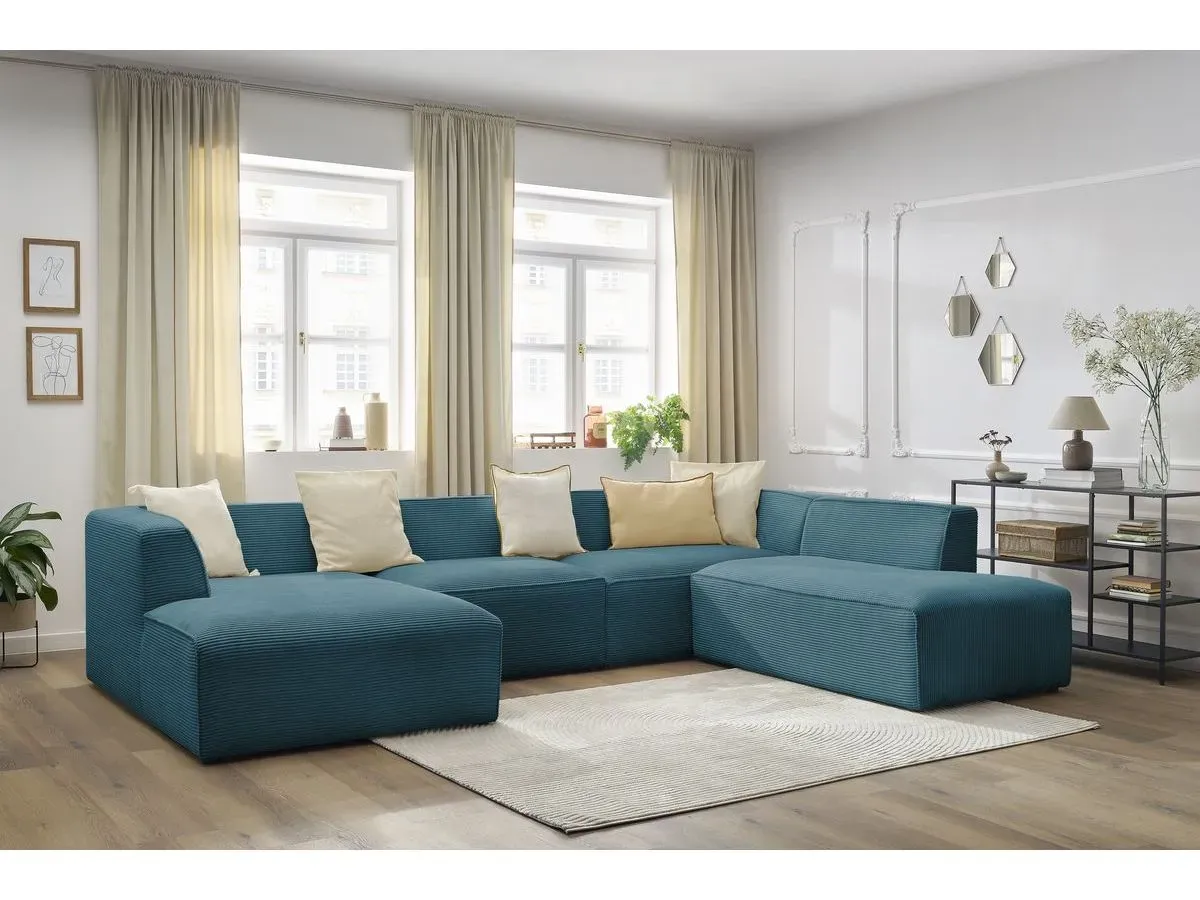 Canapé panoramique fixe MEGEVE tissu velours côtelé bleu foncé  angle gauche BOBOCHIC 5 places