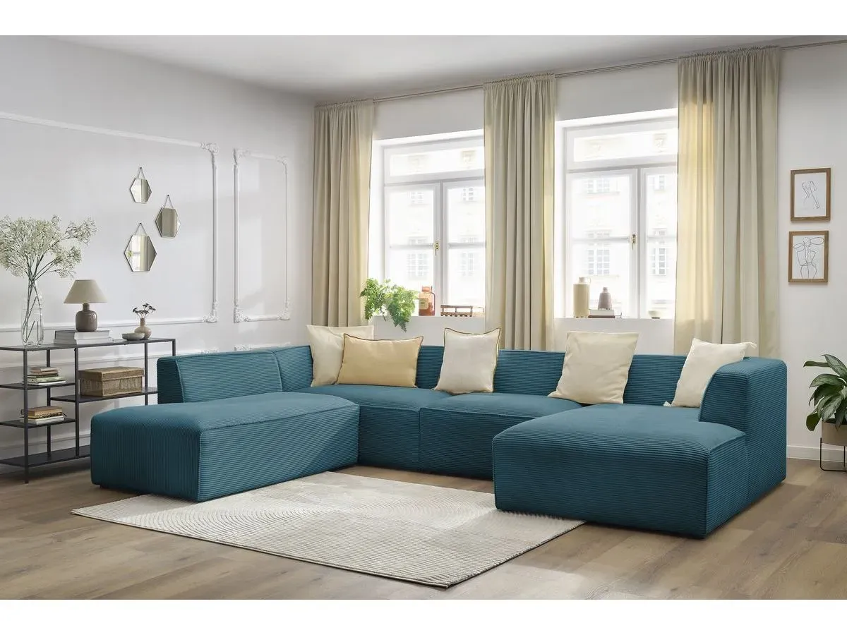 Canapé panoramique fixe MEGEVE tissu velours côtelé bleu foncé  angle droit BOBOCHIC 5 places