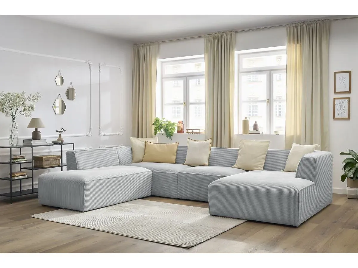Canapé panoramique fixe MEGEVE tissu velours côtelé gris clair  angle droit BOBOCHIC 5 places