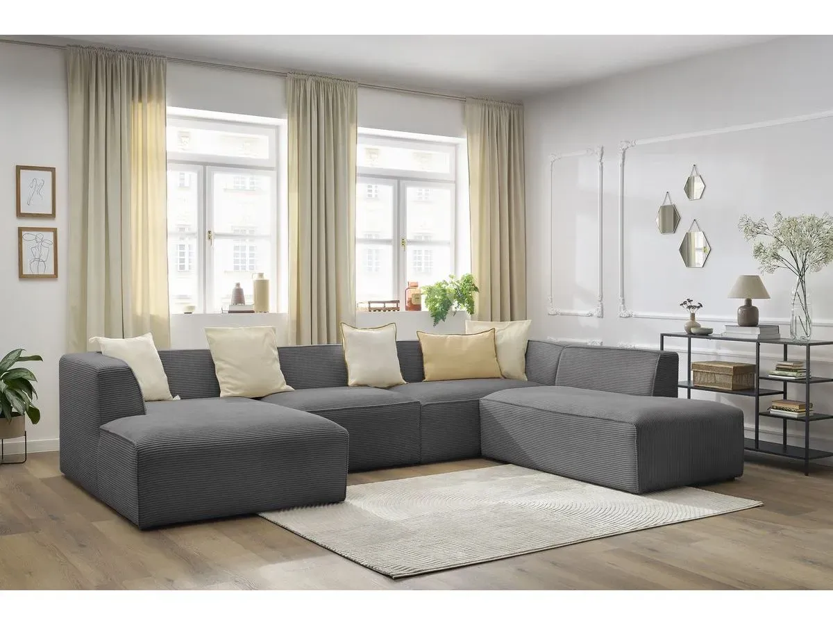 Canapé panoramique fixe MEGEVE tissu velours côtelé gris foncé  angle gauche BOBOCHIC 5 places