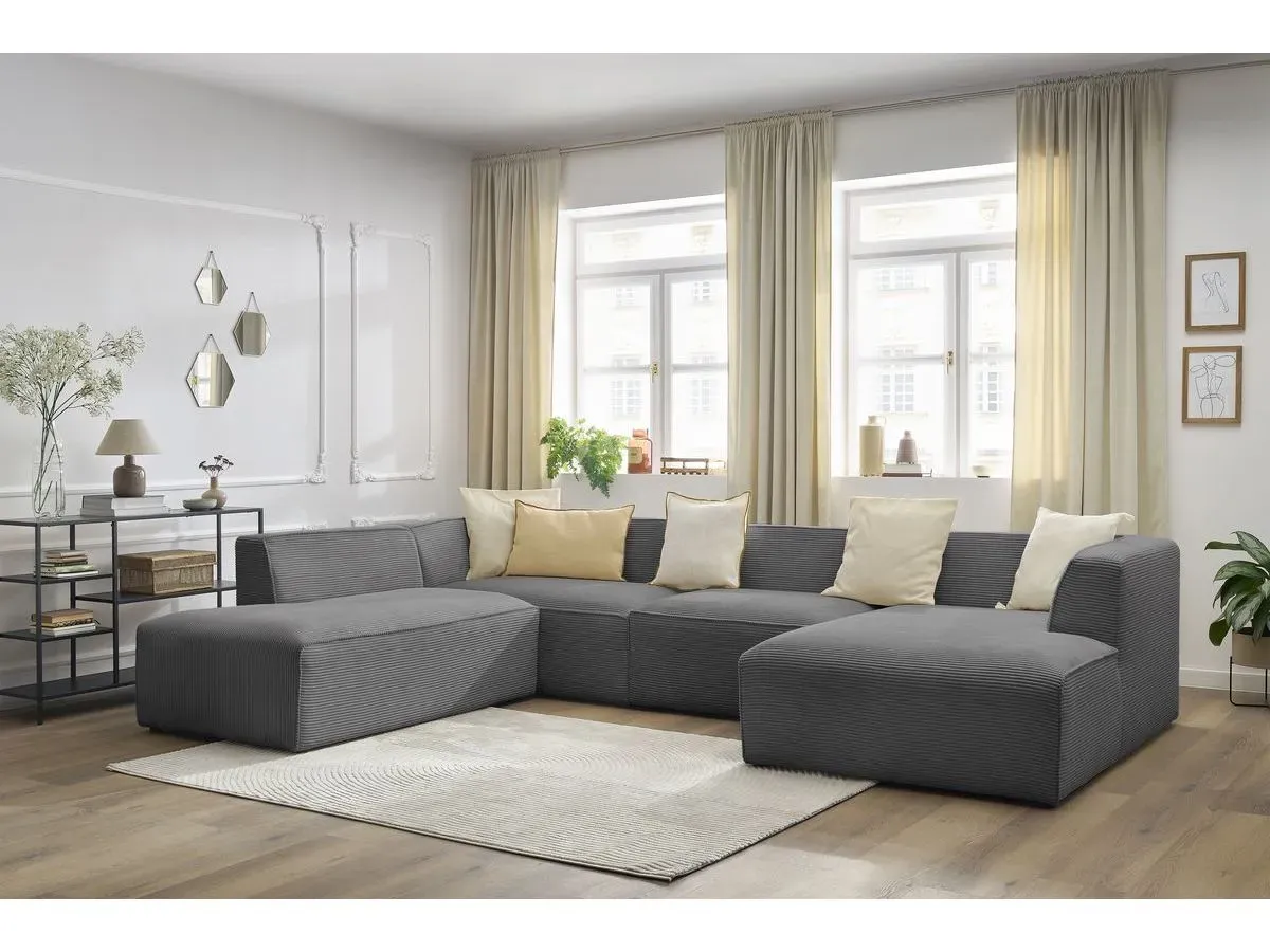 Canapé panoramique fixe MEGEVE tissu velours côtelé gris foncé  angle droit BOBOCHIC 5 places