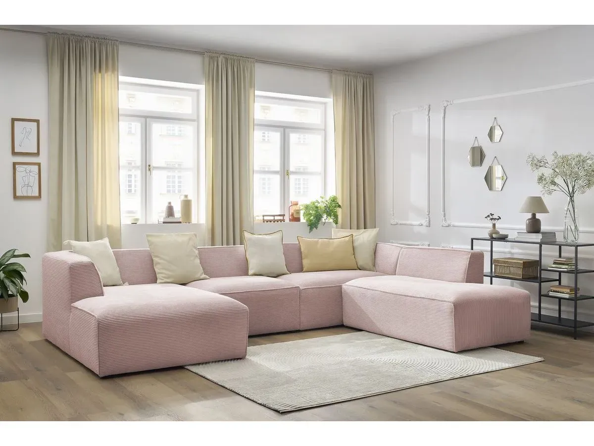 Canapé panoramique fixe MEGEVE tissu velours côtelé rose  angle gauche BOBOCHIC 5 places