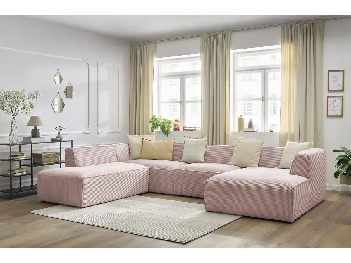 Canapé panoramique fixe MEGEVE tissu velours côtelé rose  angle droit BOBOCHIC 5 places