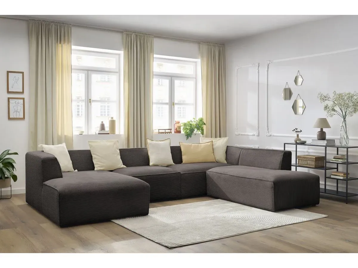 Canapé panoramique fixe MEGEVE tissu velours côtelé marron  angle gauche BOBOCHIC 5 places