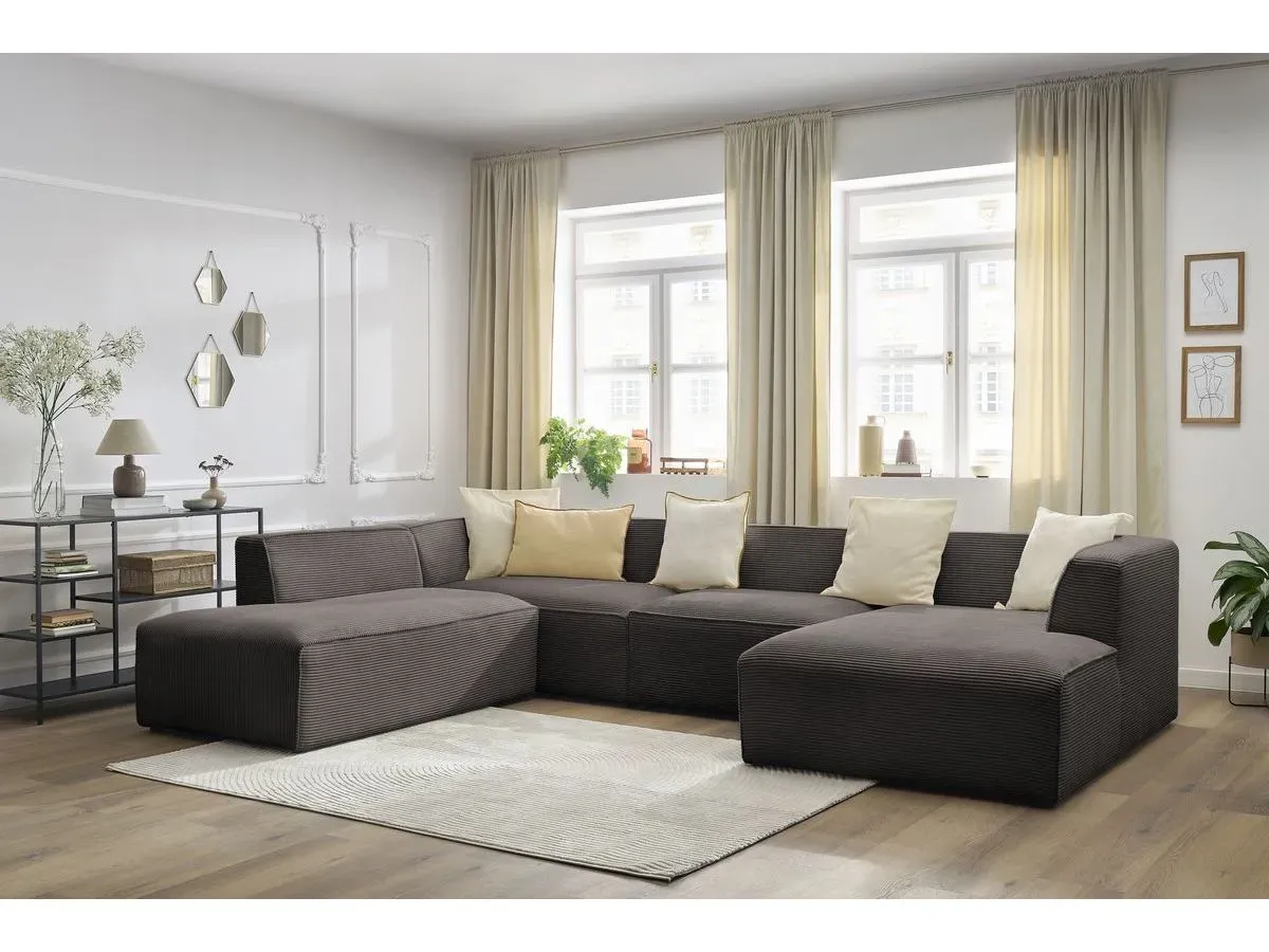 Canapé panoramique fixe MEGEVE tissu velours côtelé marron  angle droit BOBOCHIC 5 places