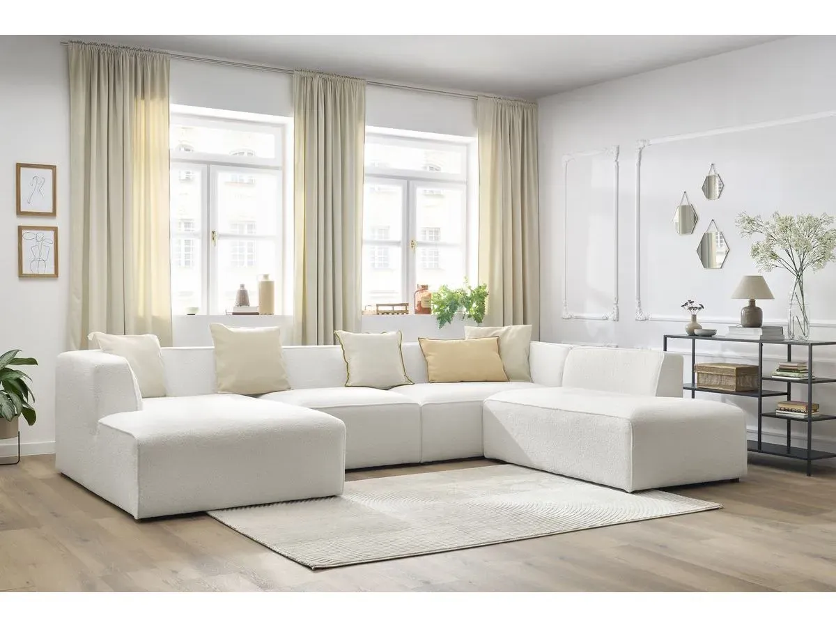 Canapé panoramique fixe MEGEVE tissu bouclette blanc  angle gauche BOBOCHIC 5 places