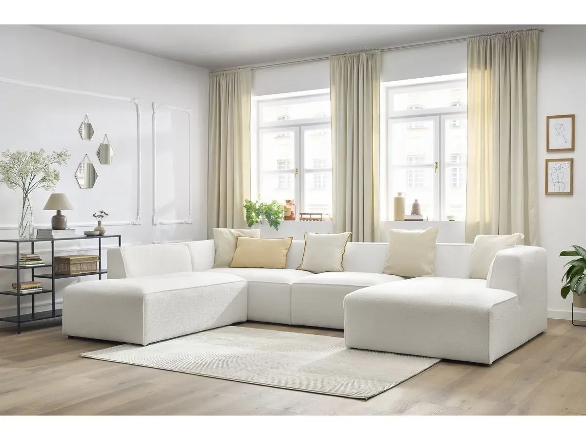 Canapé panoramique fixe MEGEVE tissu bouclette blanc  angle droit BOBOCHIC 5 places