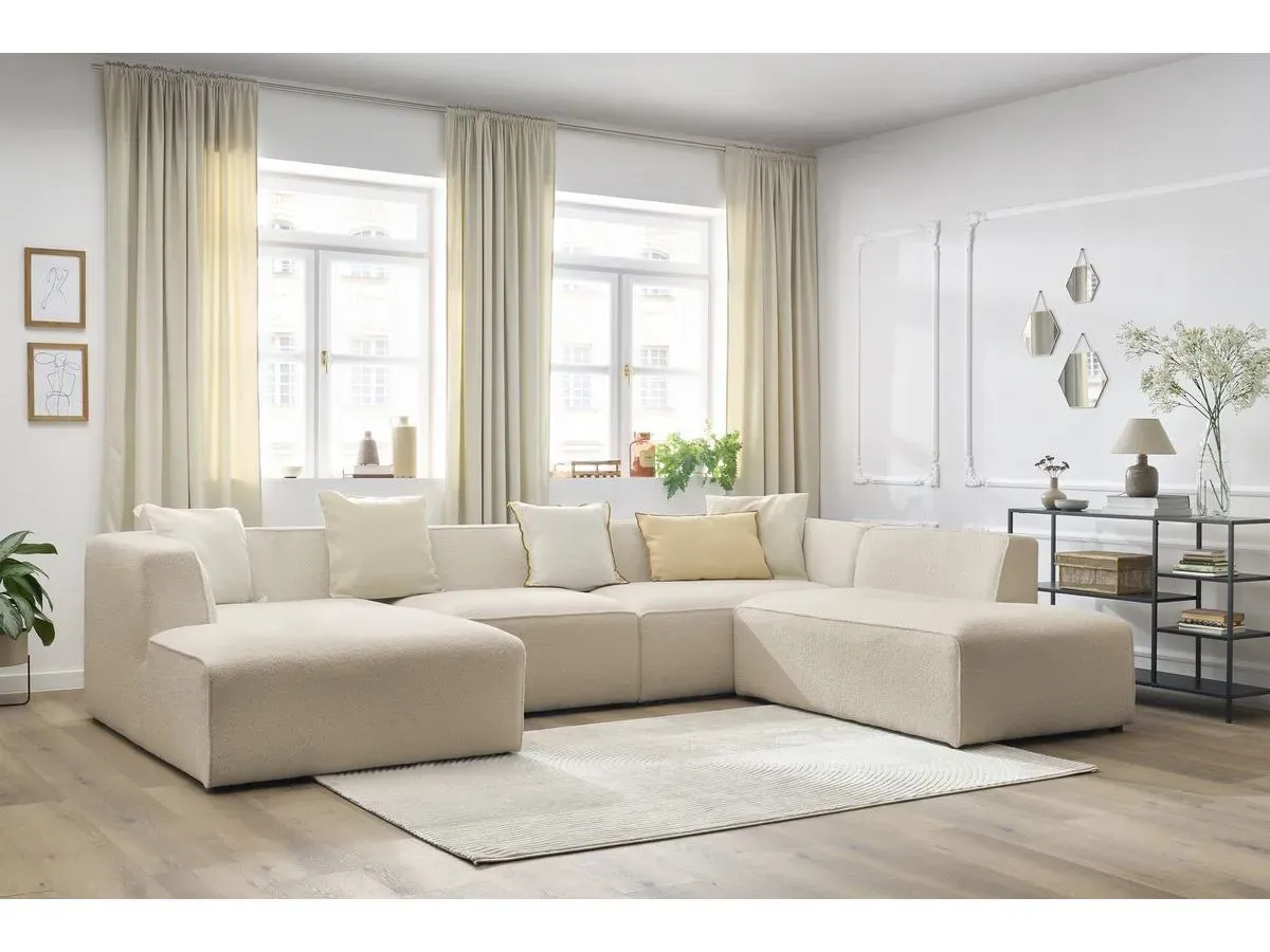 Canapé panoramique fixe MEGEVE tissu bouclette beige  angle gauche BOBOCHIC 5 places