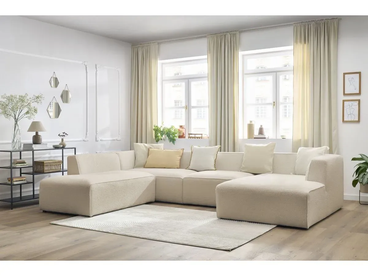 Canapé panoramique fixe MEGEVE tissu bouclette beige  angle droit BOBOCHIC 5 places